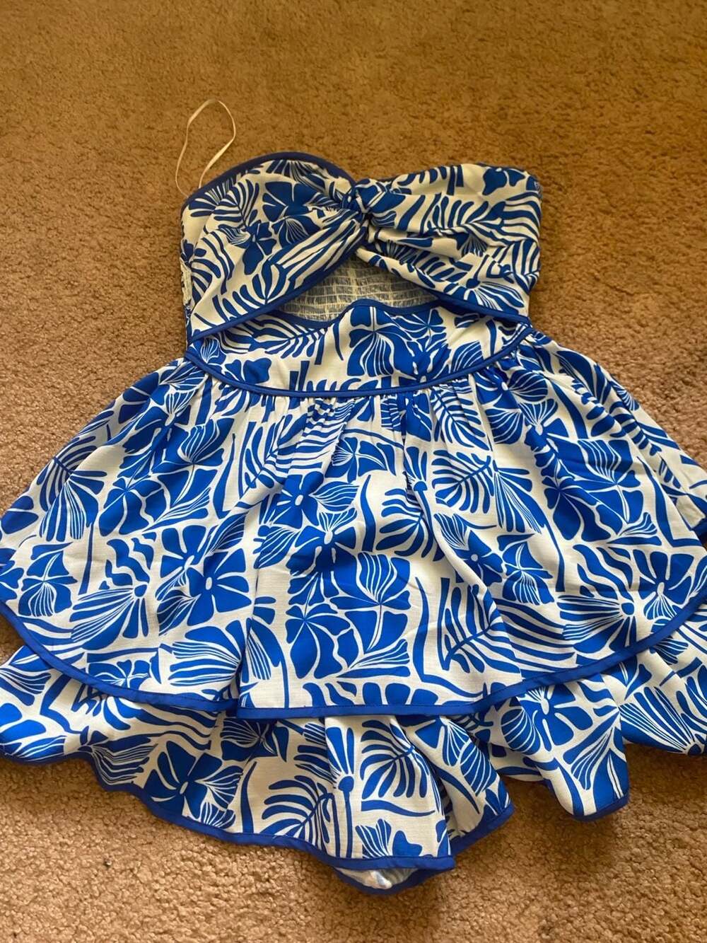 Altar'd State Romper Size S Blue White Floral Strapless Cutout Ruffle